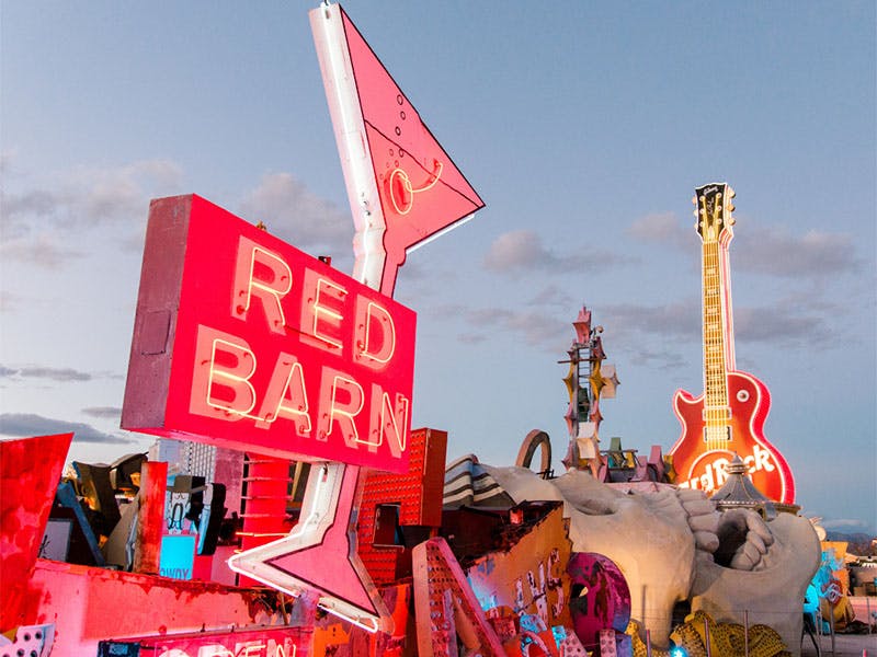 The Red Barn sign illuminated